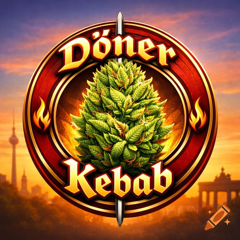 A circular Döner Kebab logo featuring a large cannabis bud on a skewer, with flaming accents, set against a sunset city skyline.