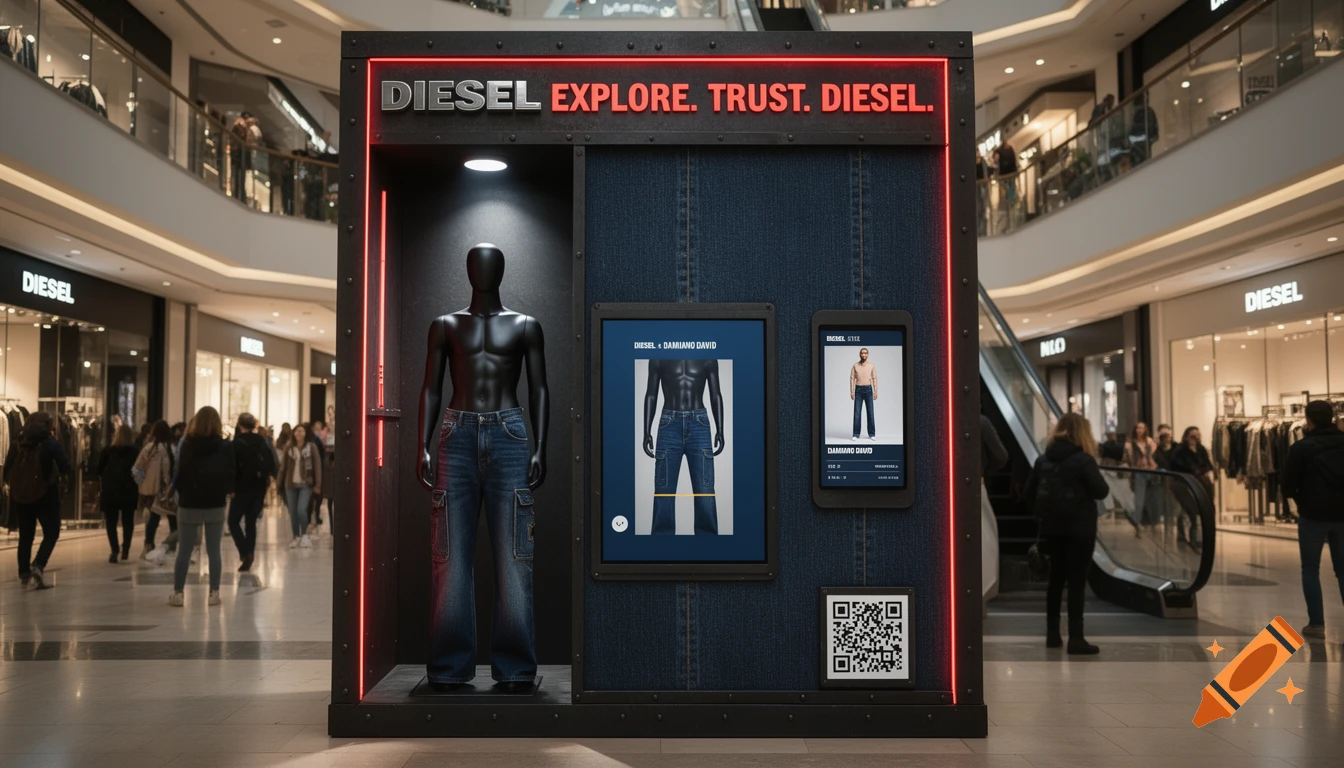 Photorealistic display box for Diesel jeans featuring a mannequin, digital screens with product info, and a QR code, set in a bustling shopping mall.