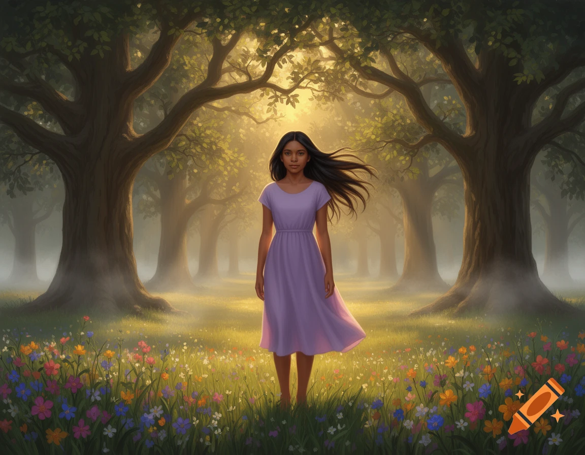 A girl with long dark hair in a lavender dress stands barefoot in a ...
