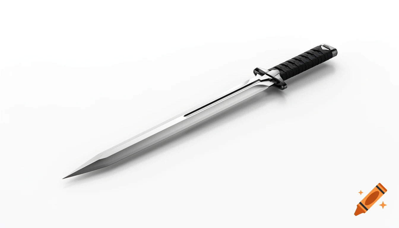 A modern long sword shaped like a tactical knife with a black wrapped handle and a shiny silver blade, on a white background.