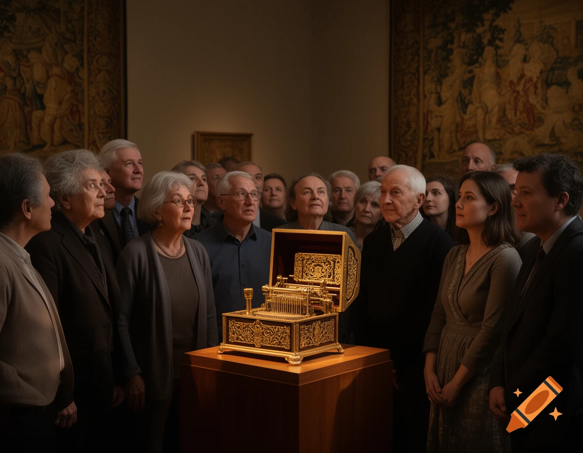 A diverse group of people attentively gaze at a golden, ornate antique music box or mechanism on display in a museum.