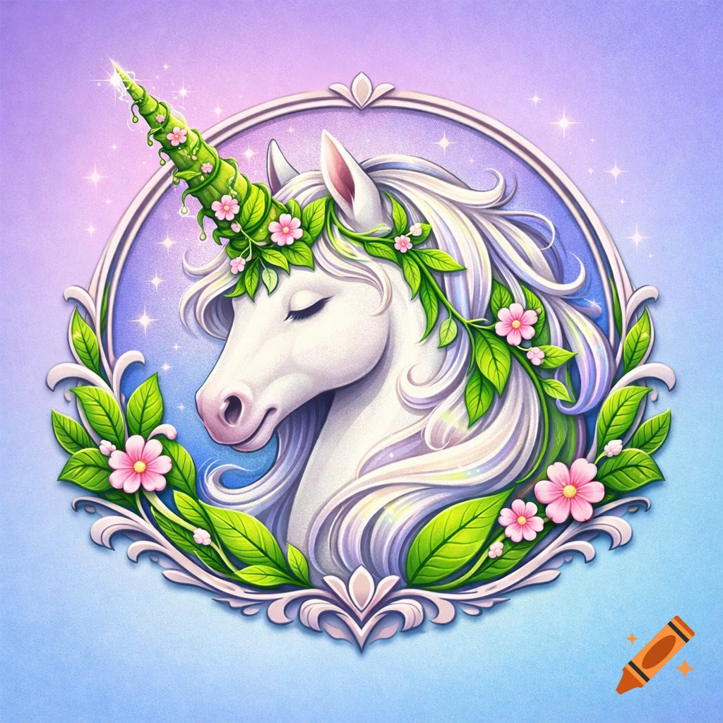 Whimsical unicorn logo with a green plant horn and pink flowers, set in an elegant frame against a sparkling purple and blue background.
