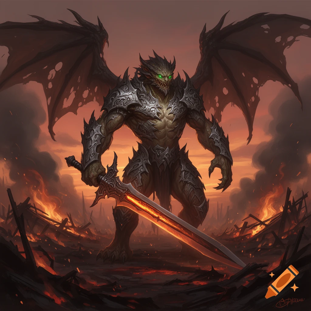 A fearsome winged monster in ornate armor with glowing green eyes ...