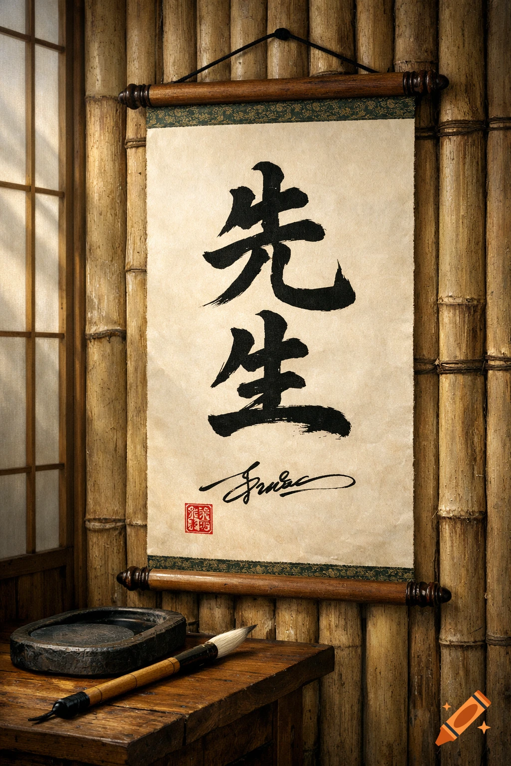 A Japanese calligraphy scroll with the characters for 'Sensei' and a signature hangs on a bamboo wall, with an ink stone and brush on a table.