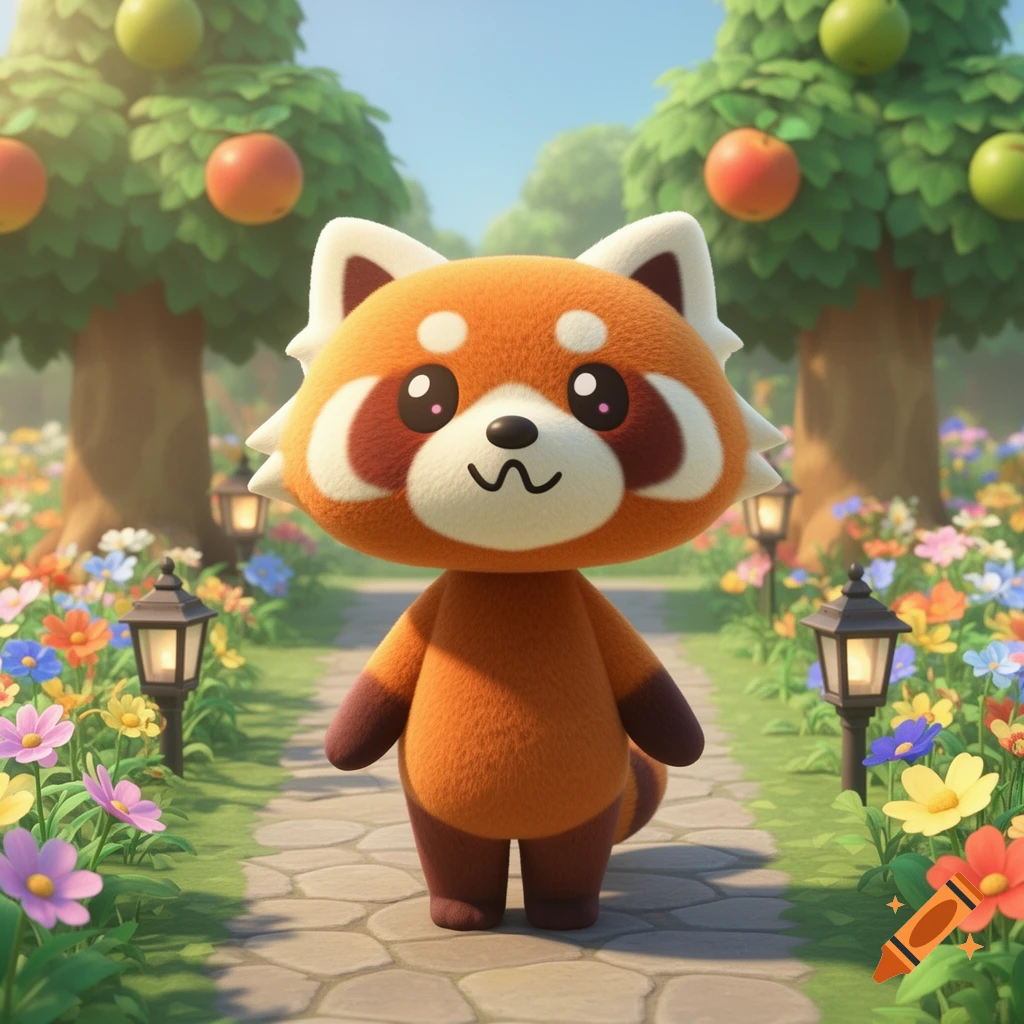 A cute, fluffy orange red panda character with a small smile stands on a stone path in a vibrant flower garden with fruit trees.
