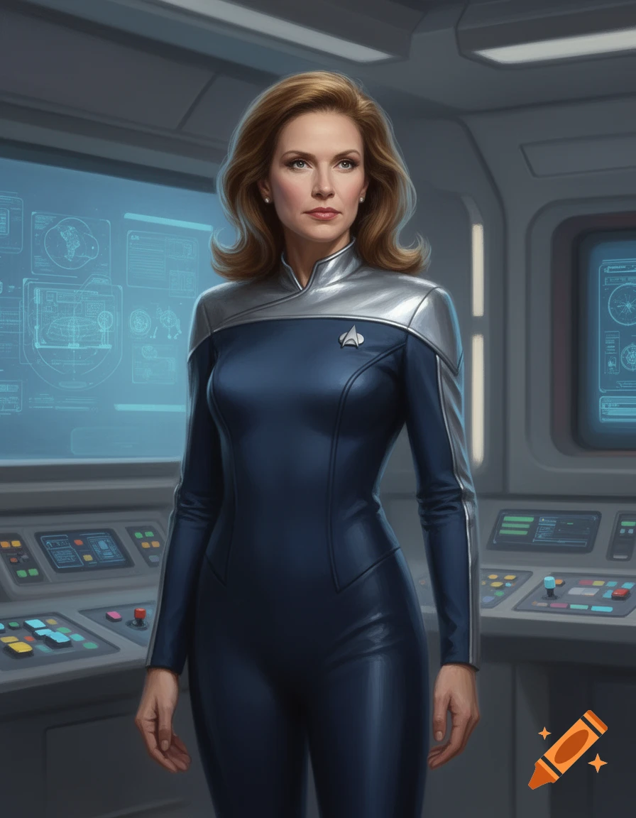 A woman with reddish-brown hair in a blue and silver sci-fi uniform stands on a spaceship bridge.