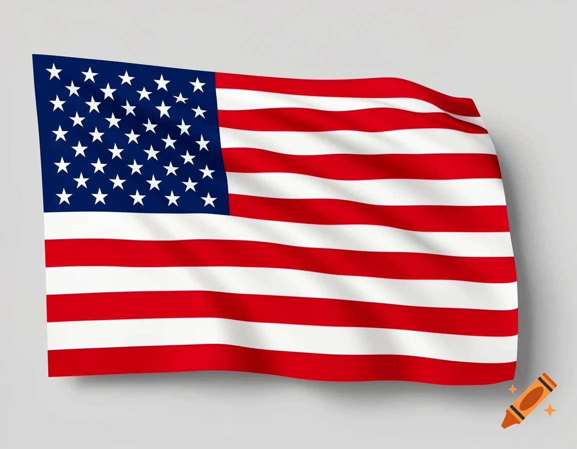 A vibrant American flag with 50 stars and 13 stripes, depicted in a waving motion against a plain white background.