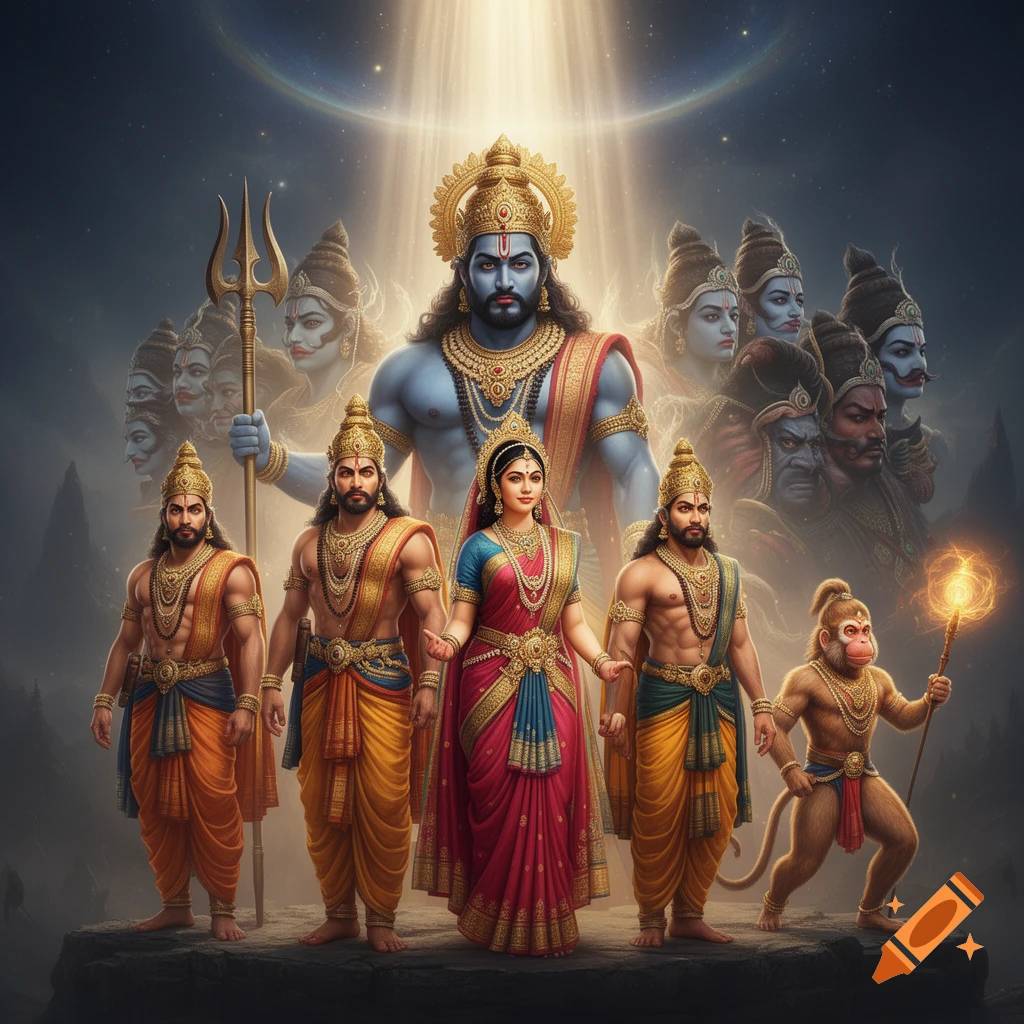 Cinematic image of Hindu deities Rama, Sita, Lakshmana, Hanuman, and Ravana, in heroic poses under divine light.