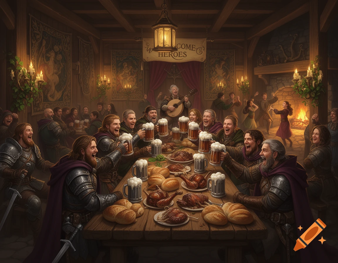 Lively fantasy tavern scene with adventurers feasting, drinking from mugs, and a bard playing music.