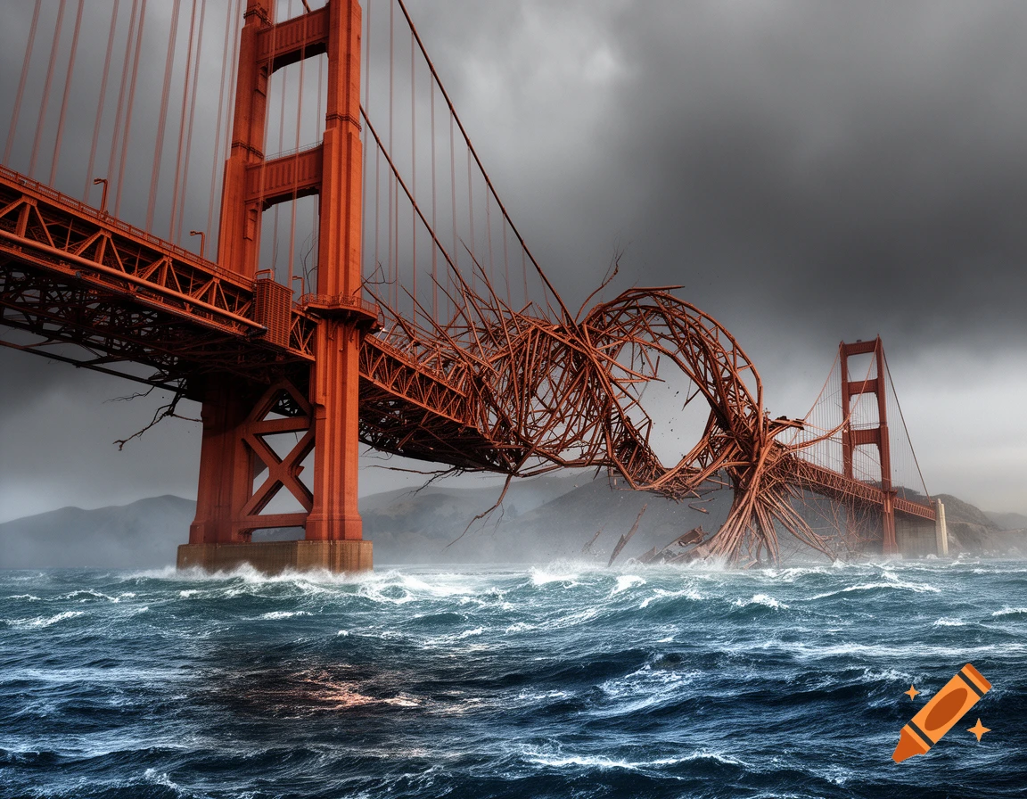 The Golden Gate Bridge appears heavily damaged, with its middle section crumbled into a rough, stormy ocean under a dark, cloudy sky.