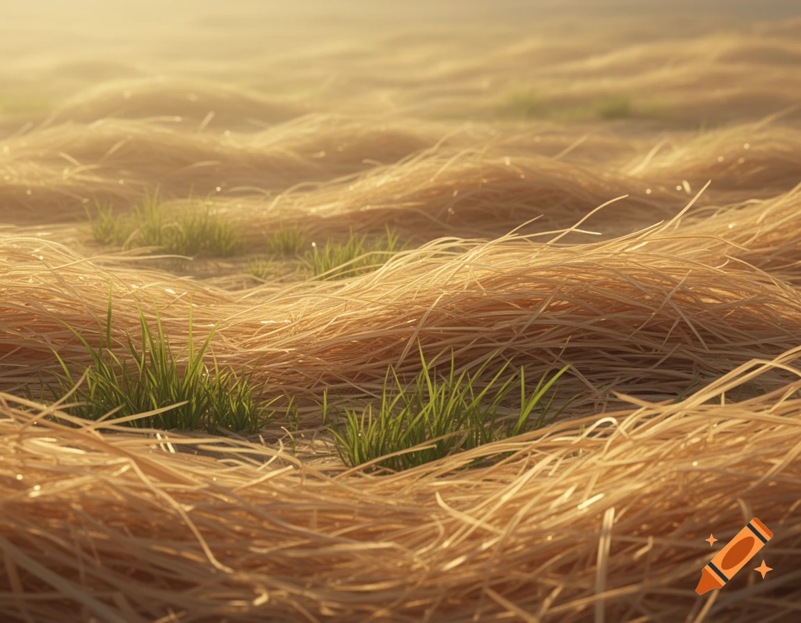 Close-up of golden straw-like dry grass intertwined with patches of vibrant green grass under soft sunlight, photorealistic.