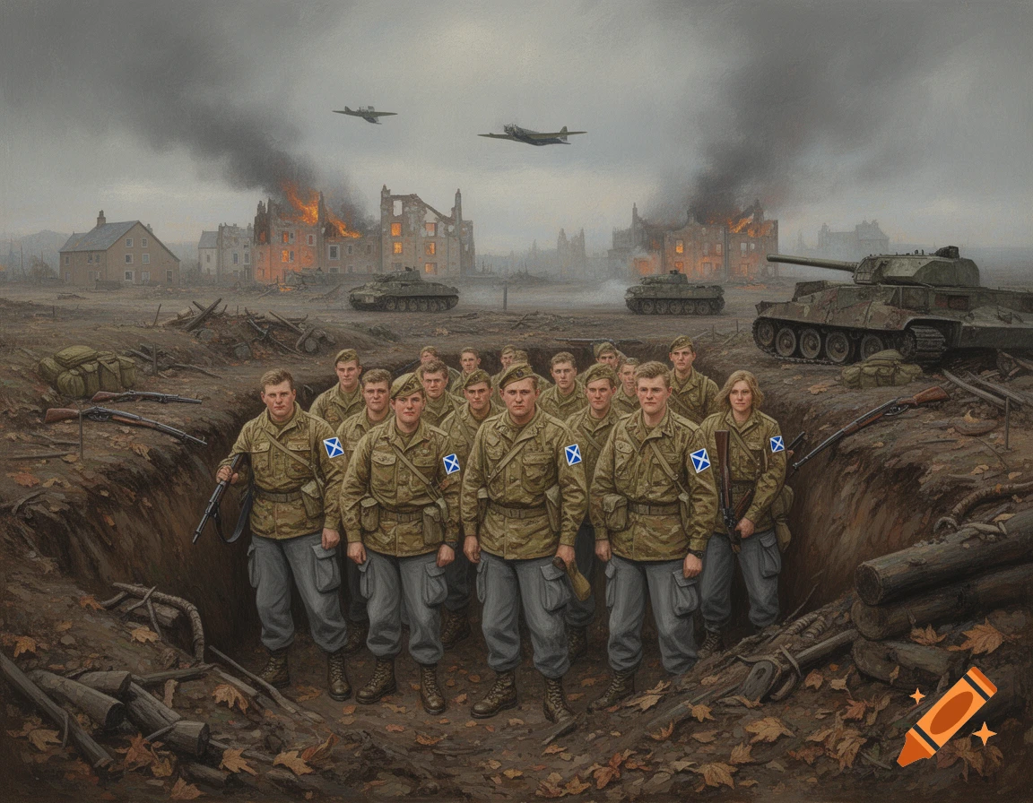 Scottish soldiers in a trench before burning ruins, tanks, and planes in an oil painting style.