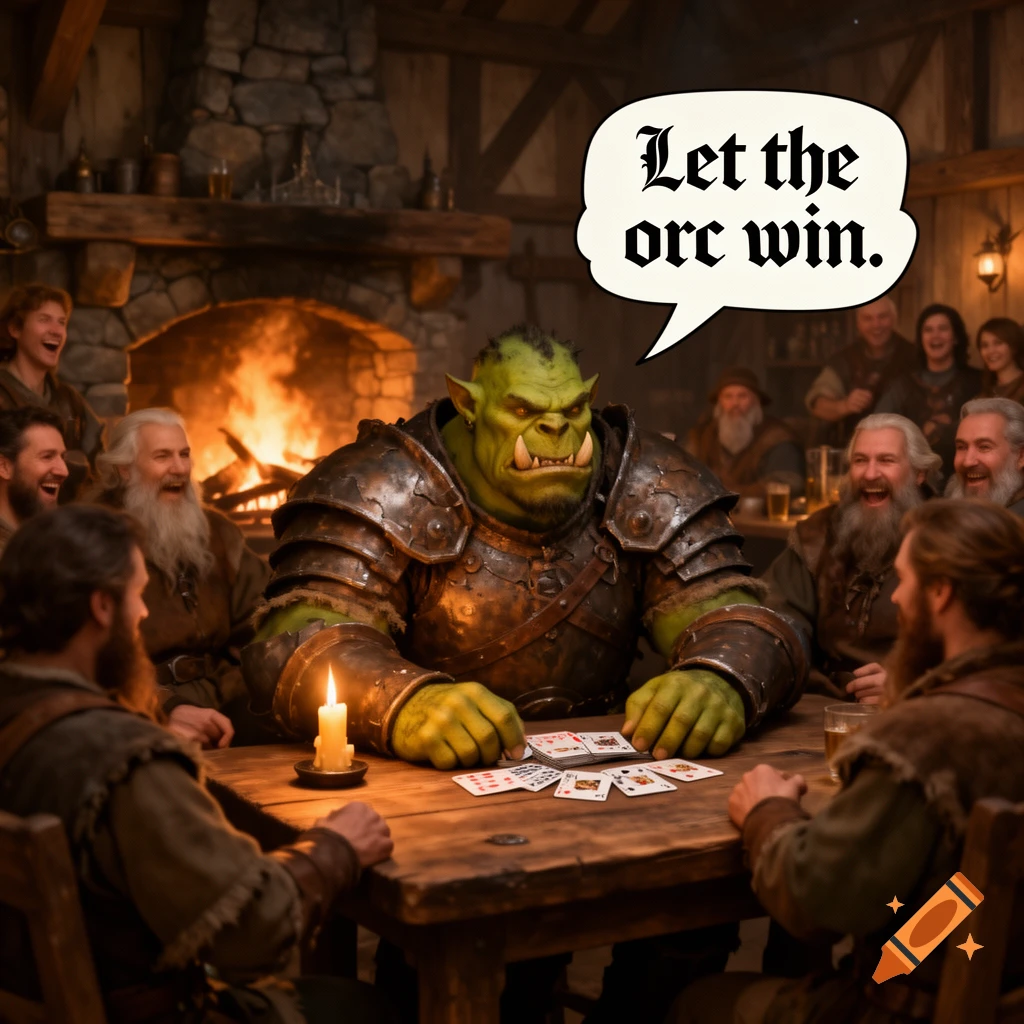 A muscular green orc in armor plays cards with laughing humans in a dimly lit, cozy tavern. A speech bubble above the orc reads, "Let the orc win."