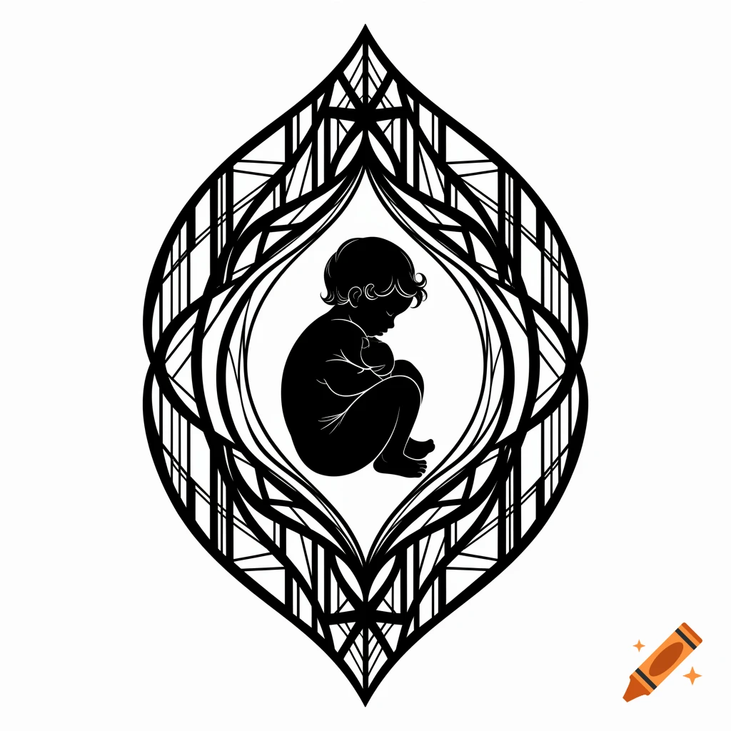 Black and white stylized art deco filigree depicting a baby in a fetal position within an ornamental design.