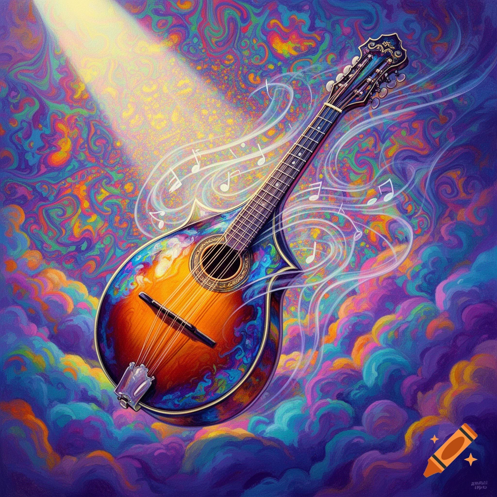 A vibrant, psychedelic painting of a mandolin surrounded by swirling multicolored clouds and musical notes, illuminated by a spotlight.