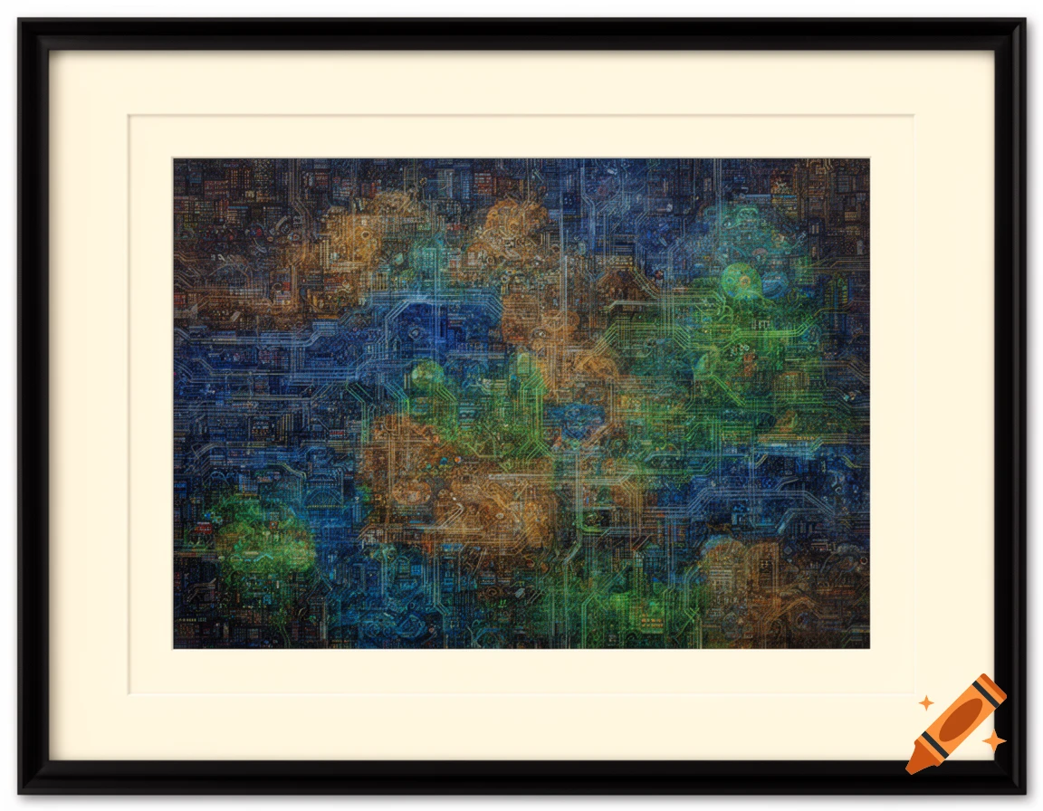 Abstract art print with intricate blue, green, and orange circuit patterns, reminiscent of a city, framed with a cream mat.