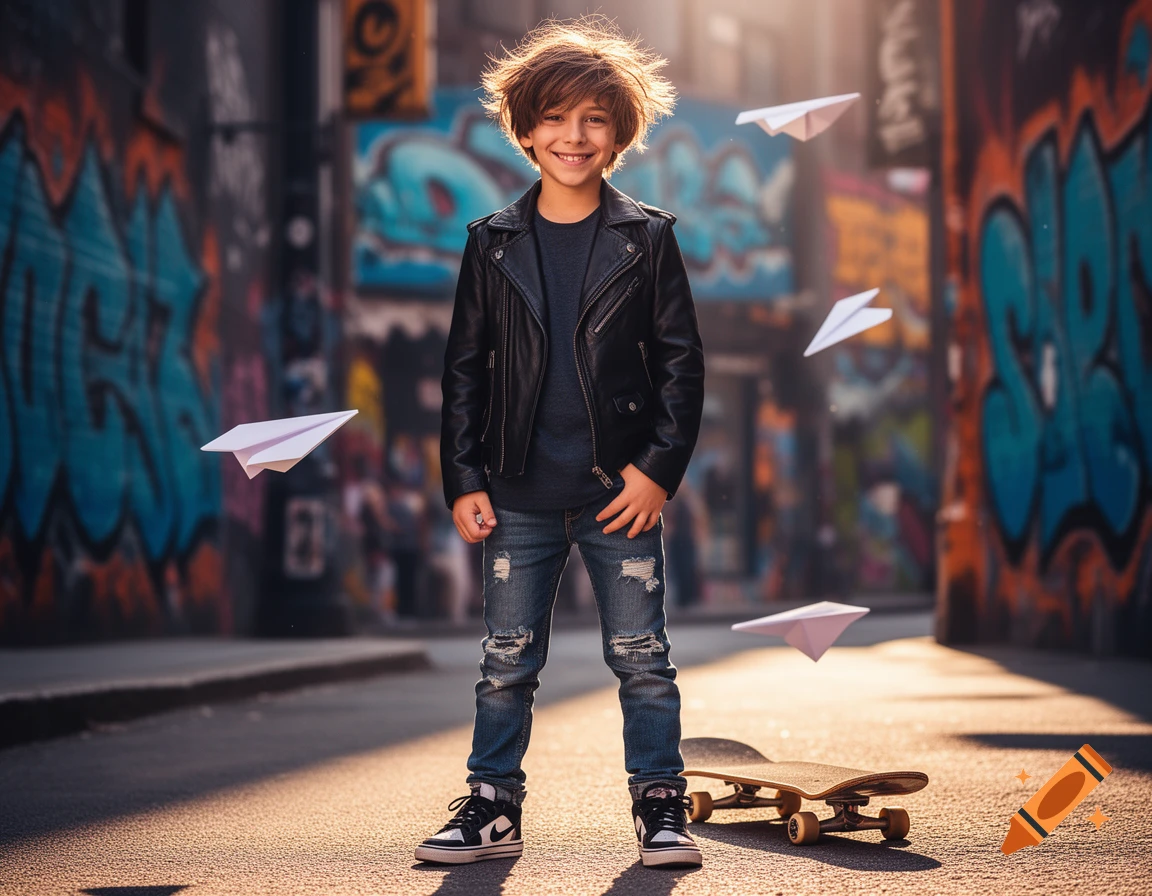 Smiling boy in a leather jacket and jeans stands in a graffiti-covered alley with paper airplanes floating and a skateboard on the ground.
