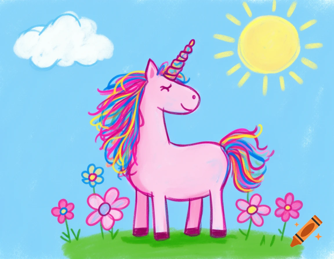 A childlike drawing of a pink unicorn with a rainbow mane and tail, standing in a green field with flowers under a blue sky with a sun and a cloud.