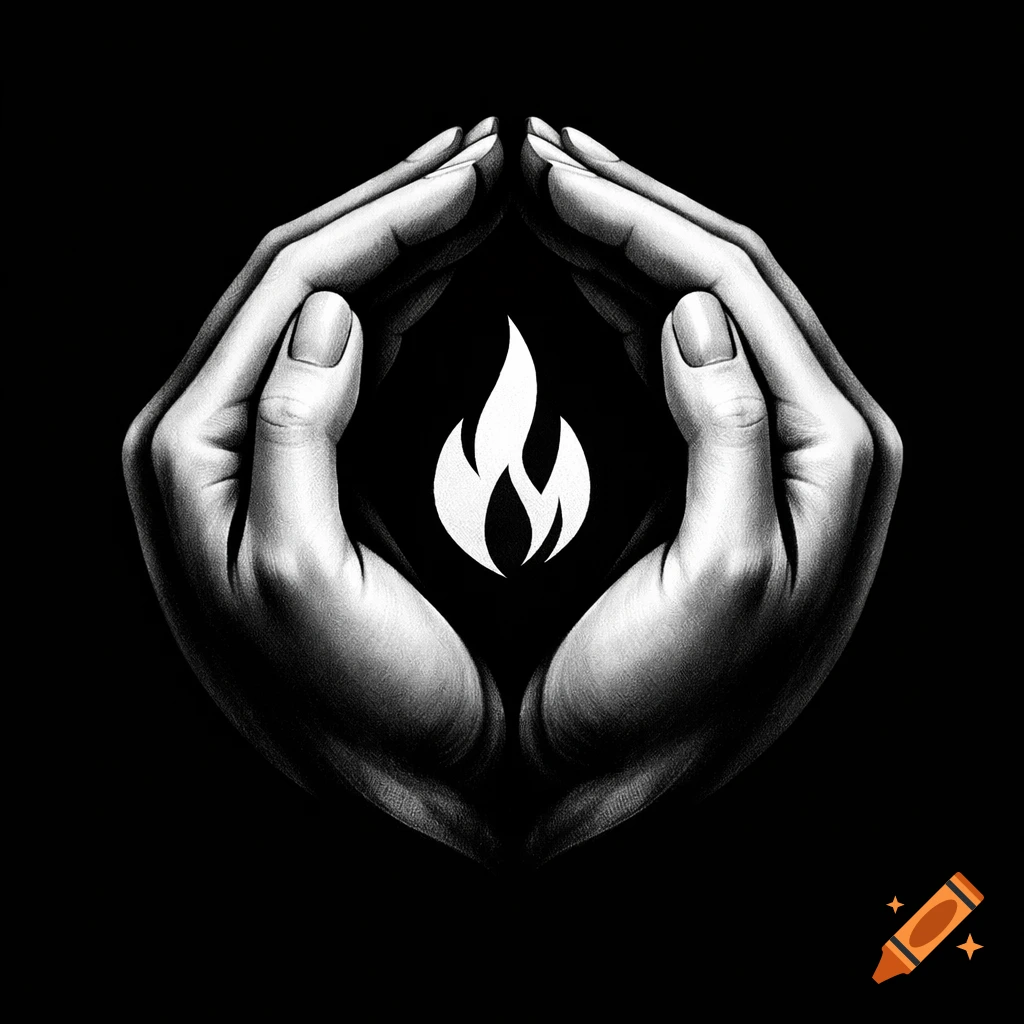 Monochrome artistic image of two hands cupped together, forming a shape around a white flame icon on a black background.