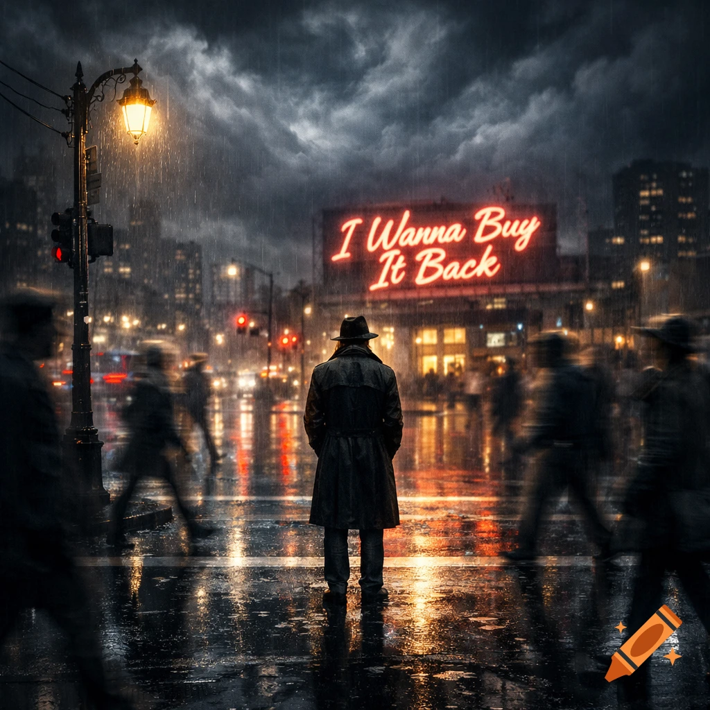 A man in a trench coat and fedora stands in a rainy, neon-lit city street at night, looking at a sign that reads 'I Wanna Buy It Back'.