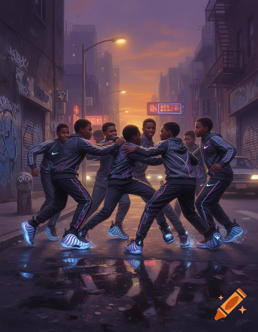 Digital art of several young black boys in Nike tech tracksuits and glowing Foamposites in a rainy urban alley at sunset.