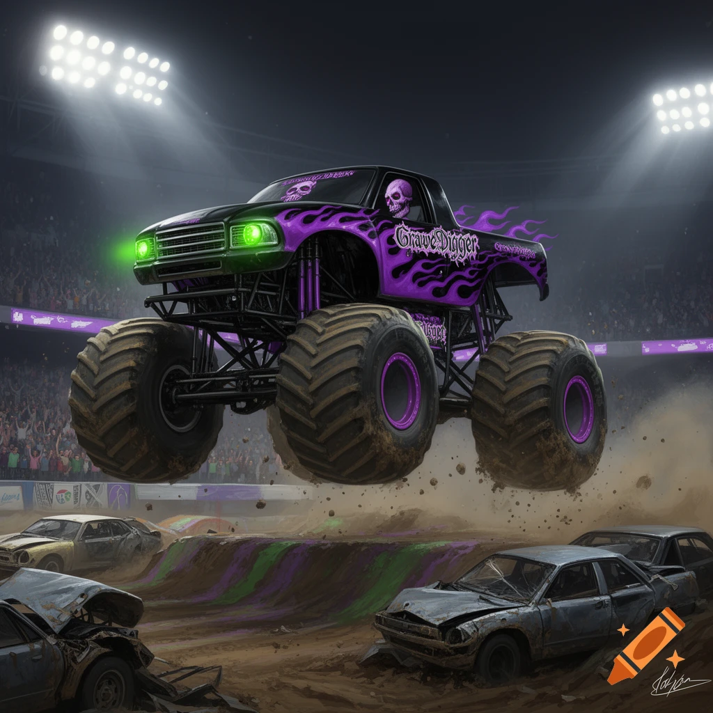 A black and purple Grave Digger monster truck with green headlights jumps over crushed cars in a stadium.