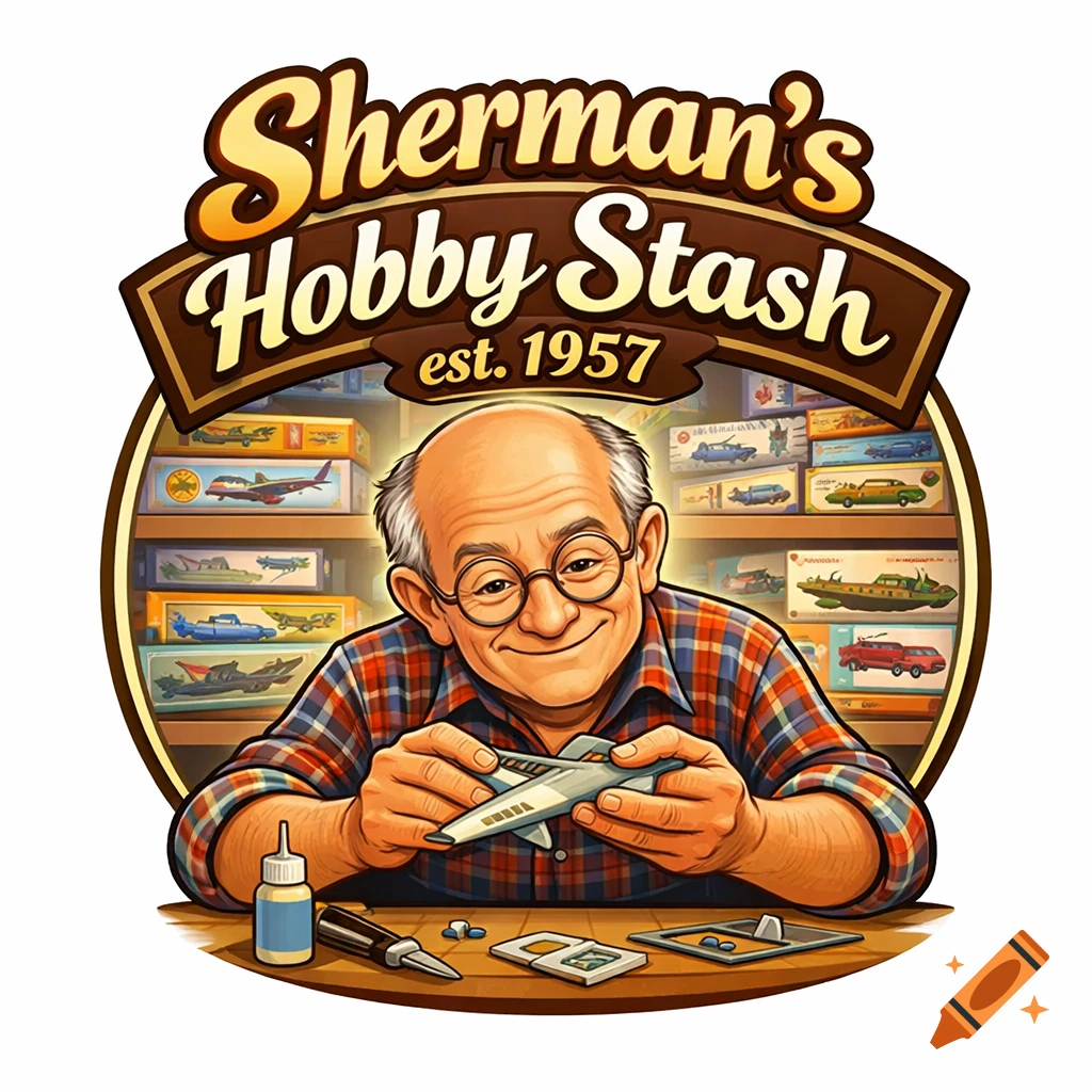 Cartoon logo of a smiling old man building a model airplane, with shelves of model kits in the background. Text reads 'Sherman's Hobby Stash est. 1957'.
