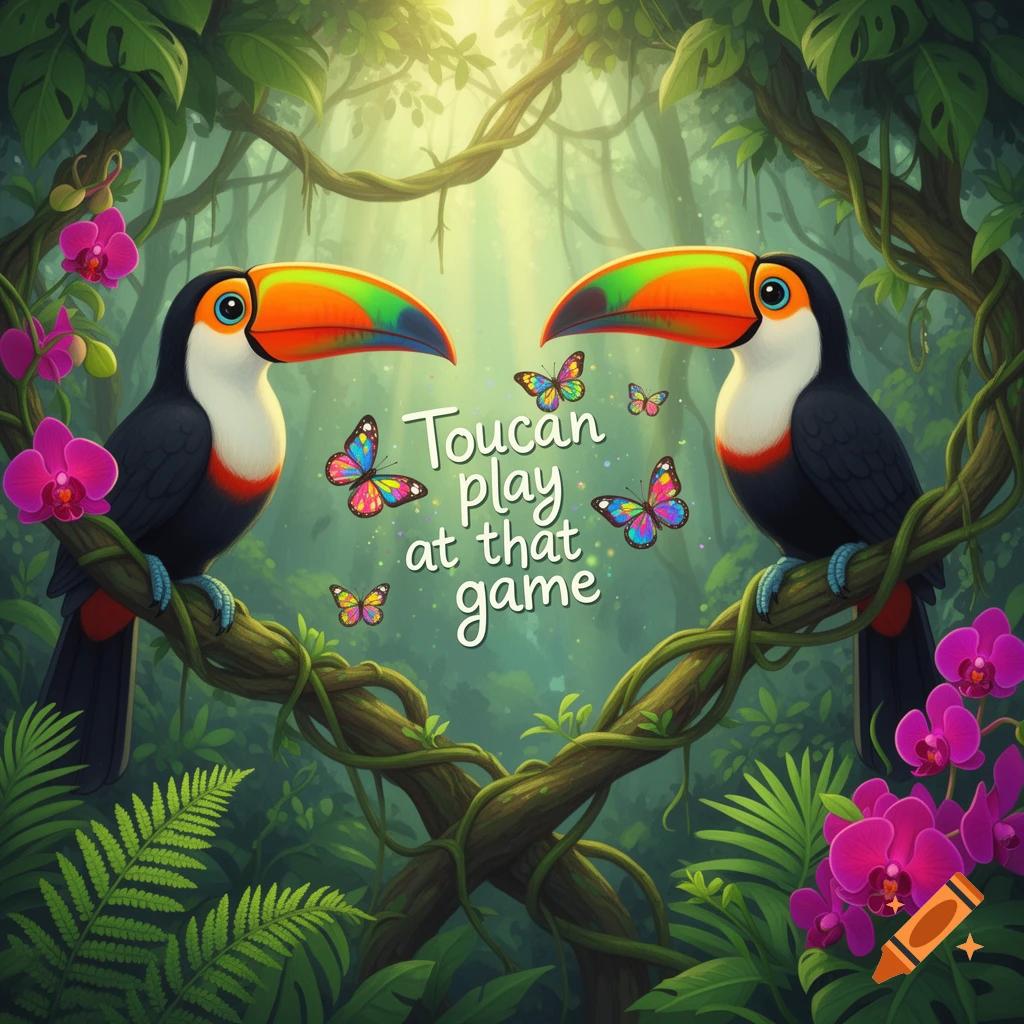 Two colorful toucans perch on a vine in a vibrant jungle with sunrays, surrounded by orchids and butterflies, and the text "Toucan play at that game".