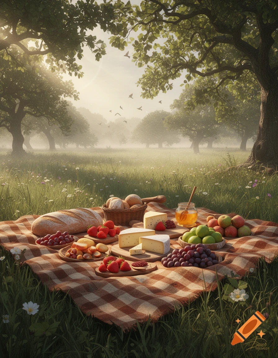 A photorealistic image of a bountiful picnic spread on a brown and white checkered blanket in a misty, sunlit park with lush trees and grass.