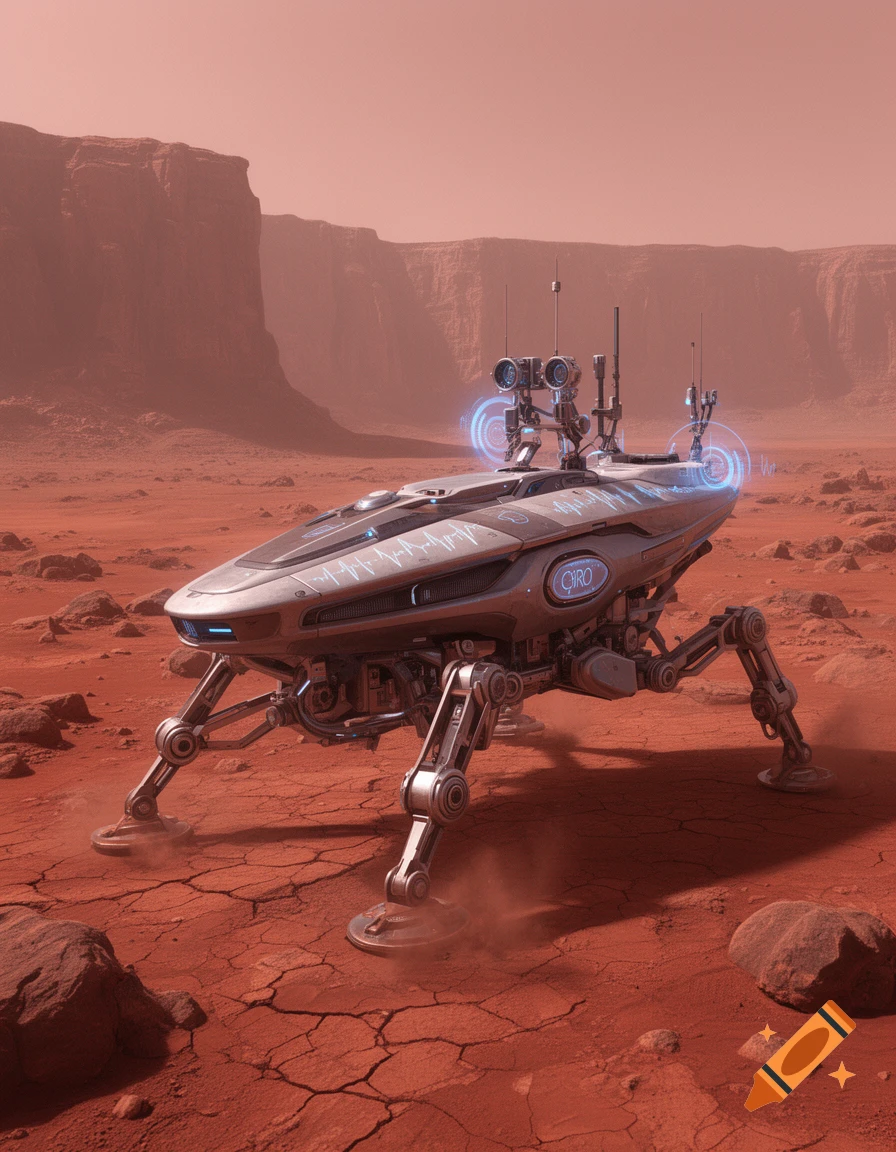 Multi Legged Rover A detailed, futuristic multi-legged seismic wave rover stands on a ...