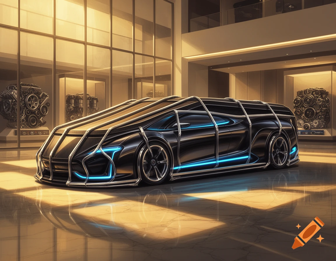 A sleek black futuristic concept car with glowing blue accents and a unique skeletal frame, displayed in a brightly lit modern showroom.