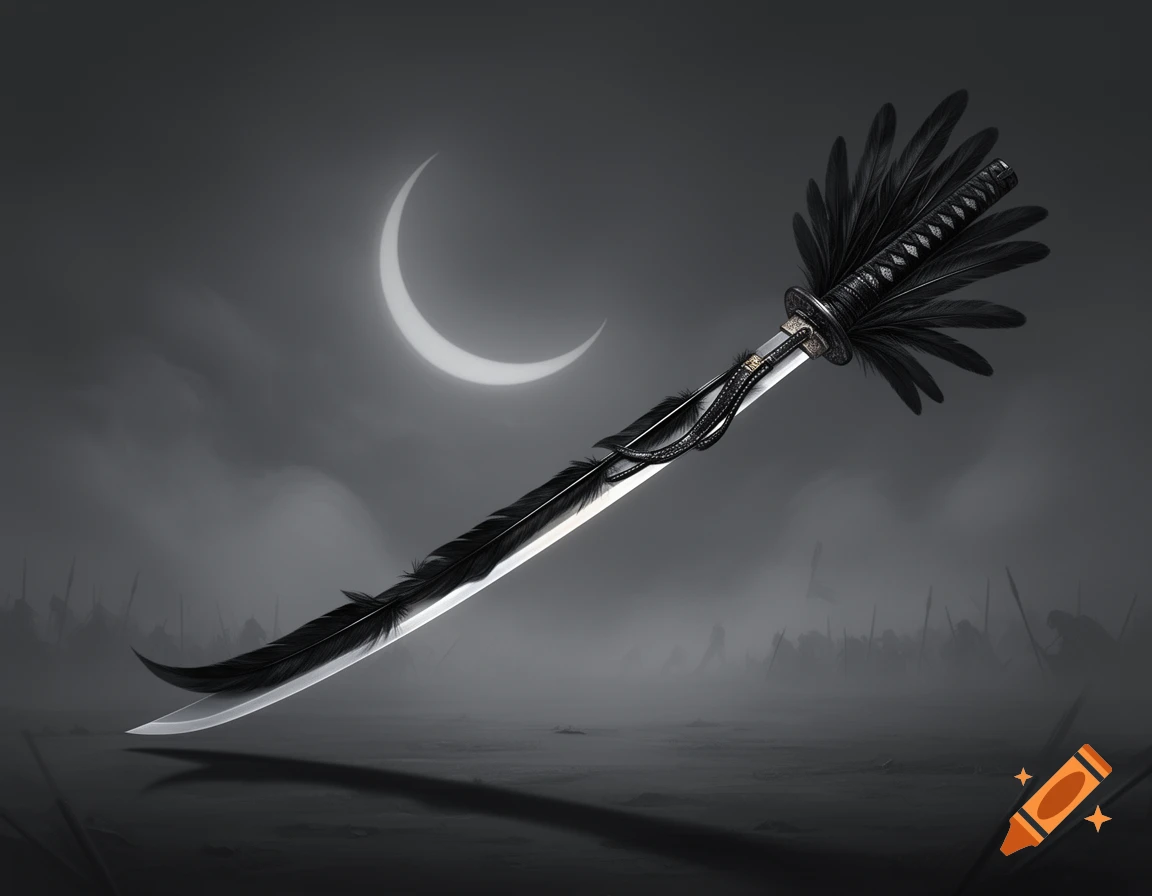 A black feather katana with feathers along its blade and hilt, under a crescent moon in a dark, misty battlefield.