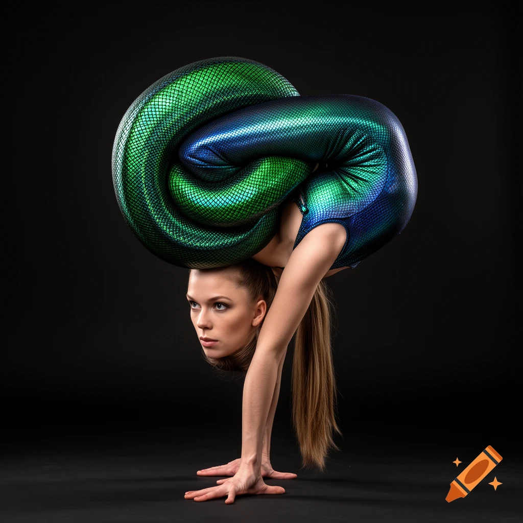 A female contortionist in a shimmering green and blue costume performs a dramatic backbend, balancing on her hands.