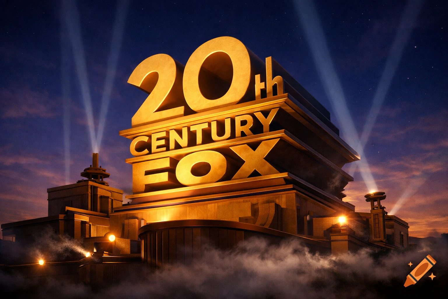 The iconic 20th Century Fox logo, a large golden structure with spotlights and clouds, against a sunset sky.