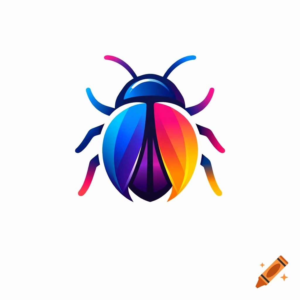 Modern minimalist bug logo with vibrant blue, purple, orange, and pink gradient colors on a white background.
