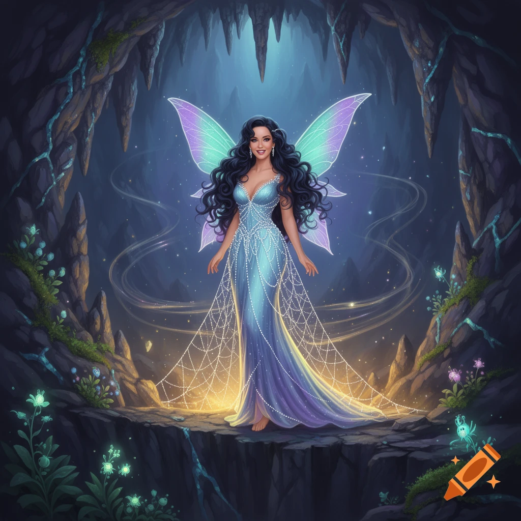 A smiling fairy with dark wavy hair and glowing blue-purple wings, wearing a long beaded gown, stands in a mystical, glowing cave.