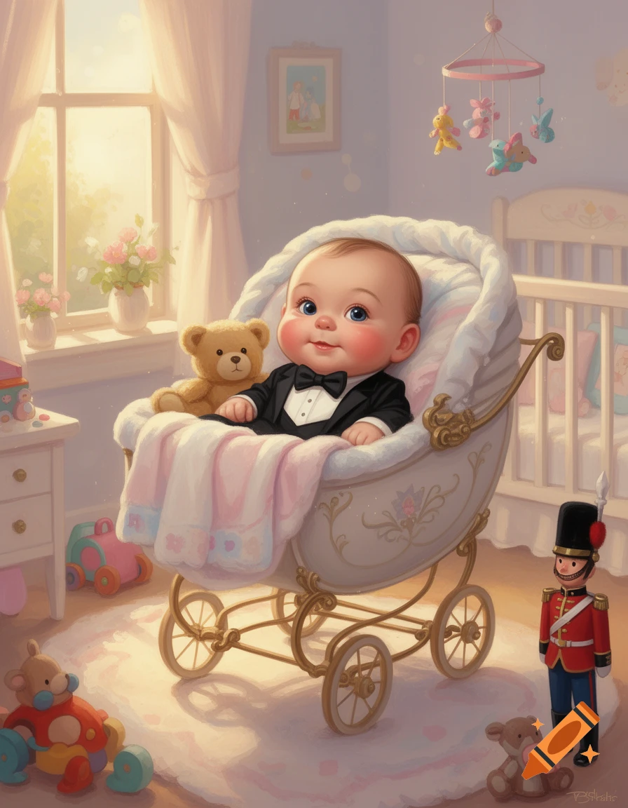 A smiling baby with rosy cheeks and blue eyes, wearing a black tuxedo, sits in an ornate carriage in a pastel nursery with toys and a window.