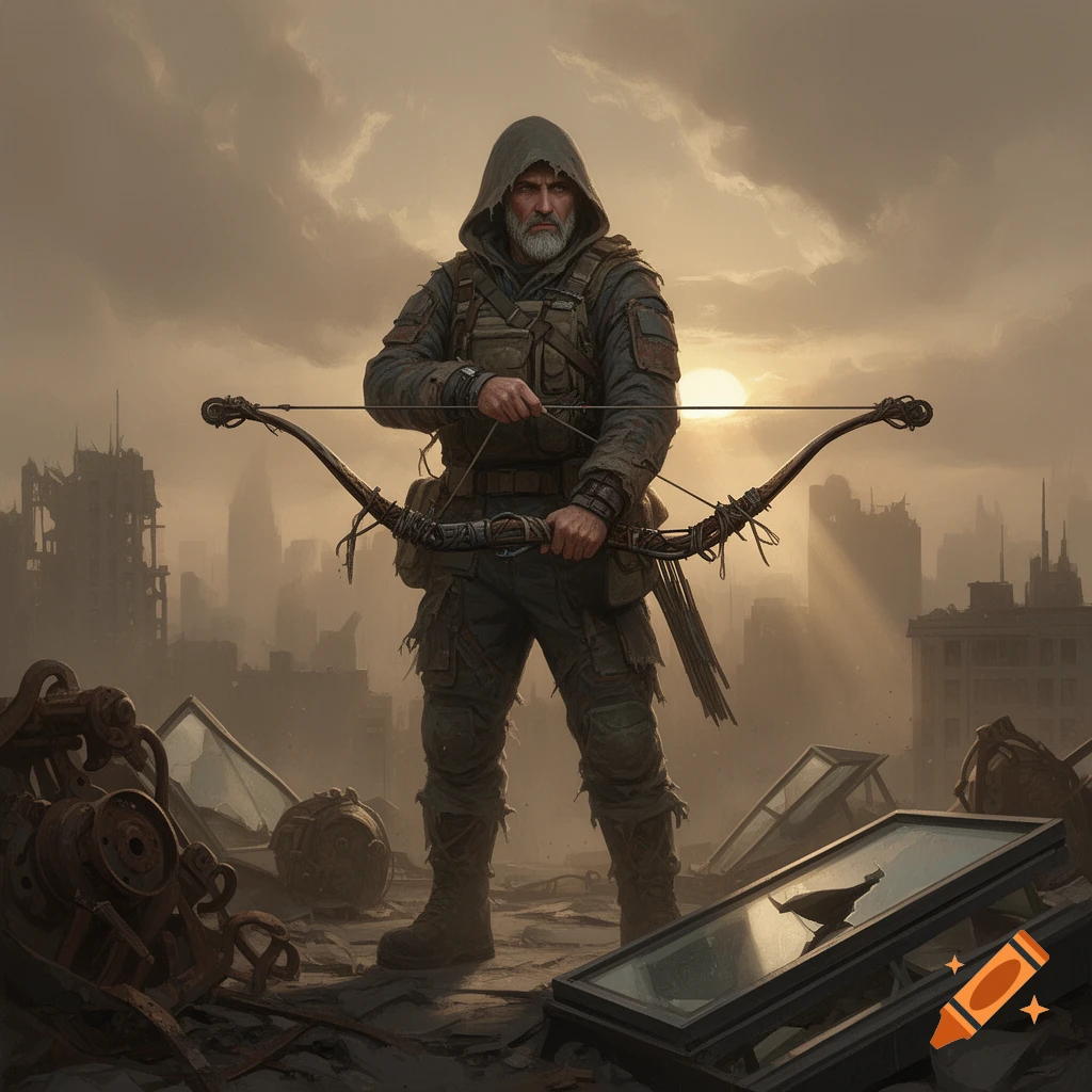 A photorealistic bearded archer in a hooded survival suit stands among rubble in a desolate, post-apocalyptic city at sunset.