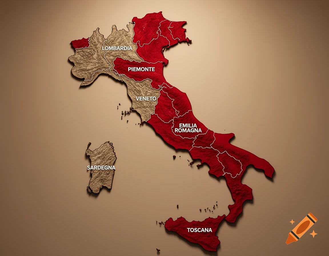 3D rendering of an elevated map of Italy, with Lombardia, Piemonte, Veneto, Emilia Romagna, Sardegna, and Toscana highlighted in red.