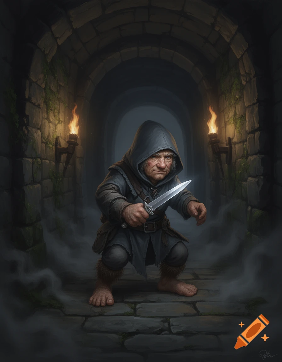 An aging halfling rogue in a dark hooded cloak crouches with a dagger in a torchlit stone dungeon corridor.