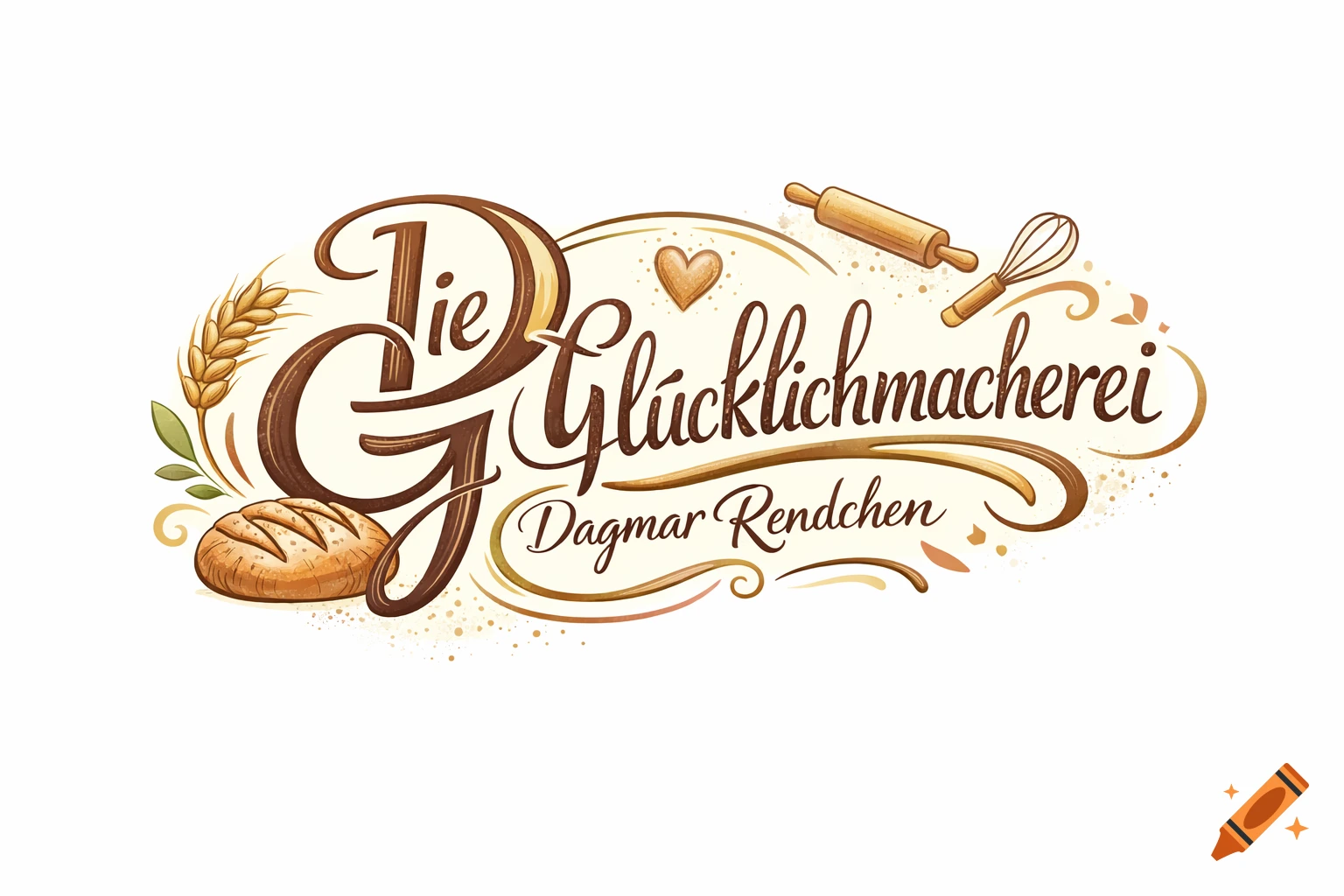 A warm, hand-drawn logo for a bakery called 'Die Glücklichmacherei' by 'Dagmar Rendchen', featuring bread, wheat, a heart, a rolling pin, and a whisk.