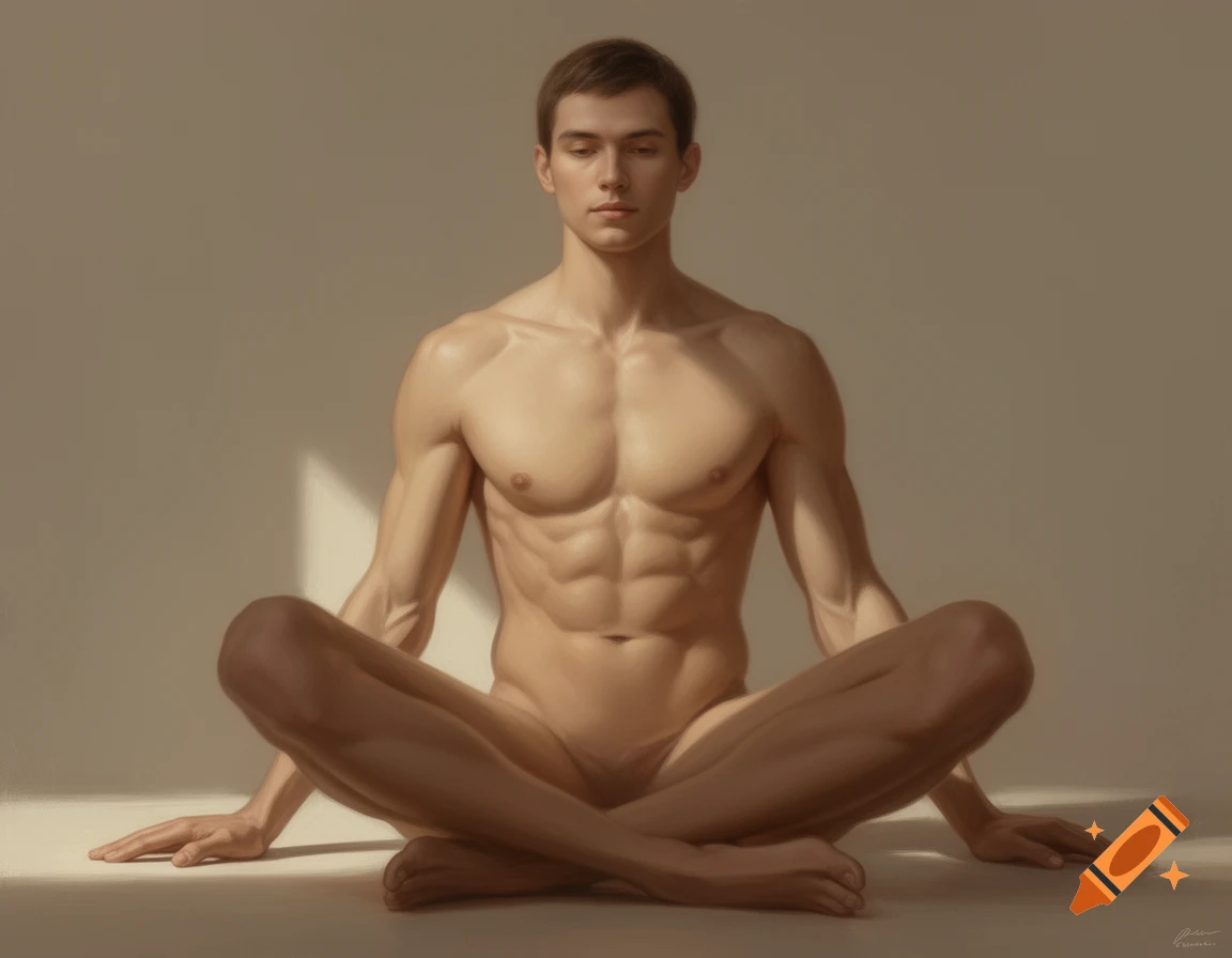 A realistic painting of a nude man with a muscular physique sitting cross-legged in a meditative pose.