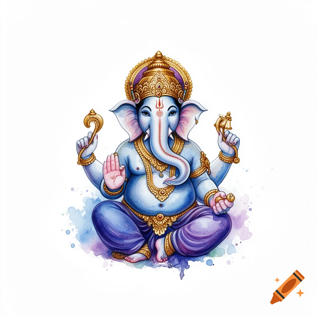 A watercolor illustration of the Hindu deity Lord Ganesha, depicted with an elephant head, multiple arms, and a plump body, seated cross-legged on a white background with subtle purple and blue paint splatters. He wears a golden crown and jewelry.