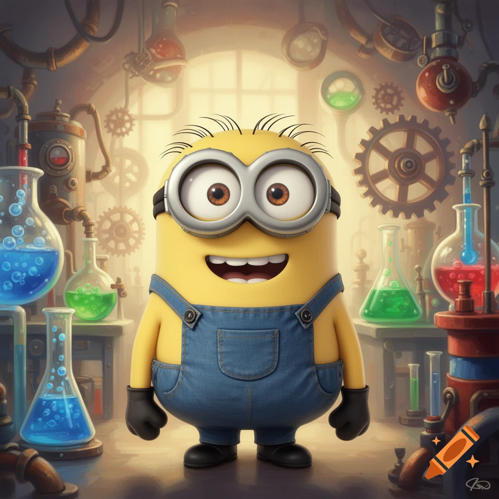 A happy Minion stands in a whimsical laboratory filled with beakers, bubbling liquids, pipes, and gears, in a 3D animated style.
