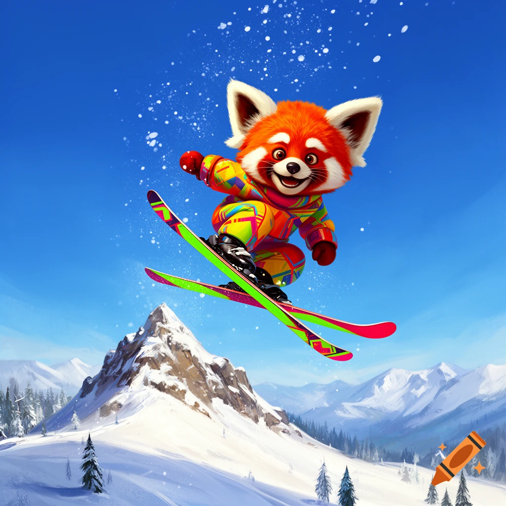 A cartoon red panda mascot in a colorful ski suit is airborne on skis, with snowy mountains and a blue sky in the background.