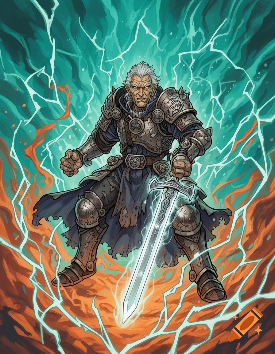 A gruff, white-haired warrior in armored attire stands powerfully ...