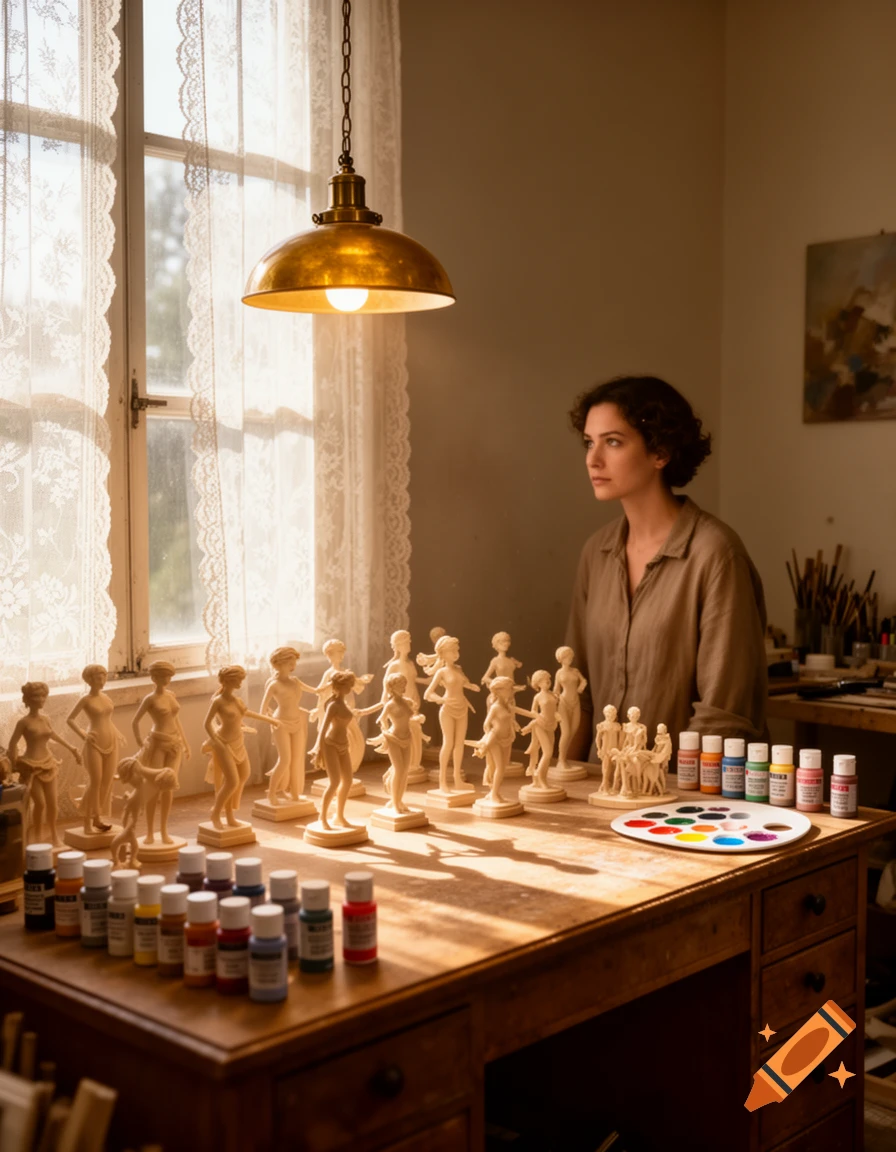 A woman in a sunlit art studio stands behind a wooden table covered with numerous small nude figurines, paint bottles, and a palette.