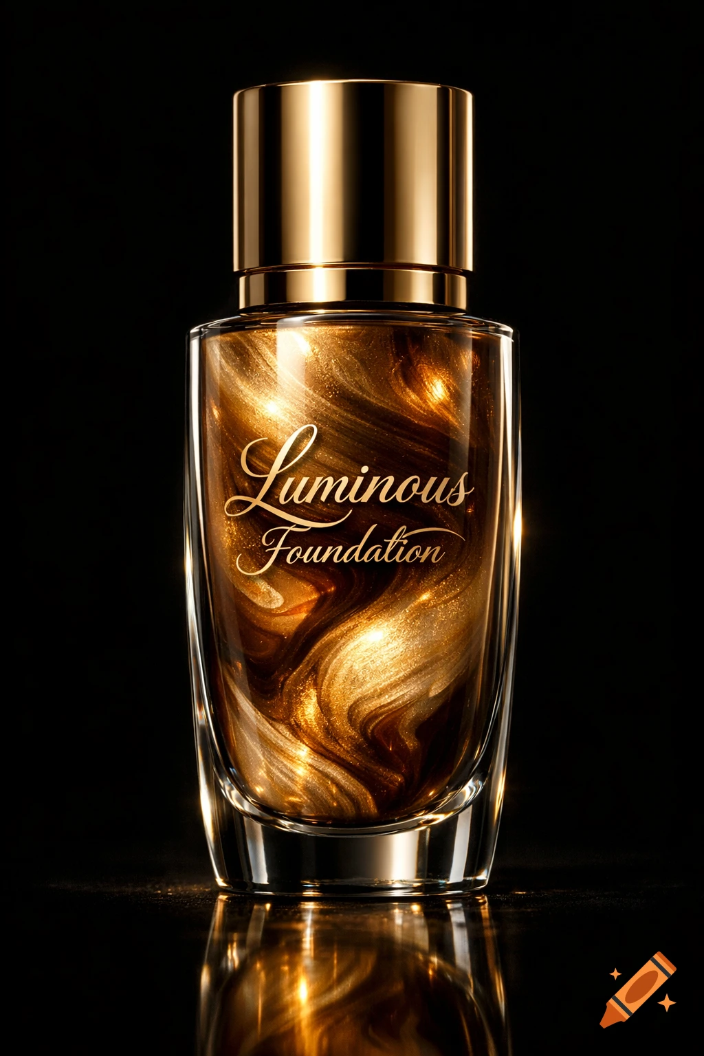 A transparent bottle of shimmering golden and brown Luminous Foundation with a gold cap, on a reflective surface against a black background.