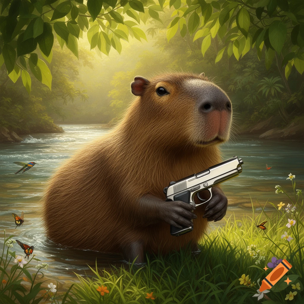 A photorealistic capybara stands in a shallow river in a lush forest ...