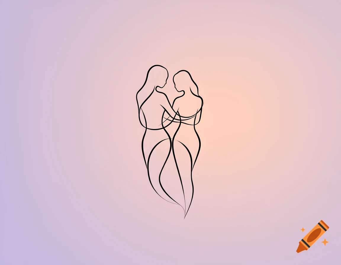 Minimalist line art depicting two embracing figures against a gradient background of purple and orange.